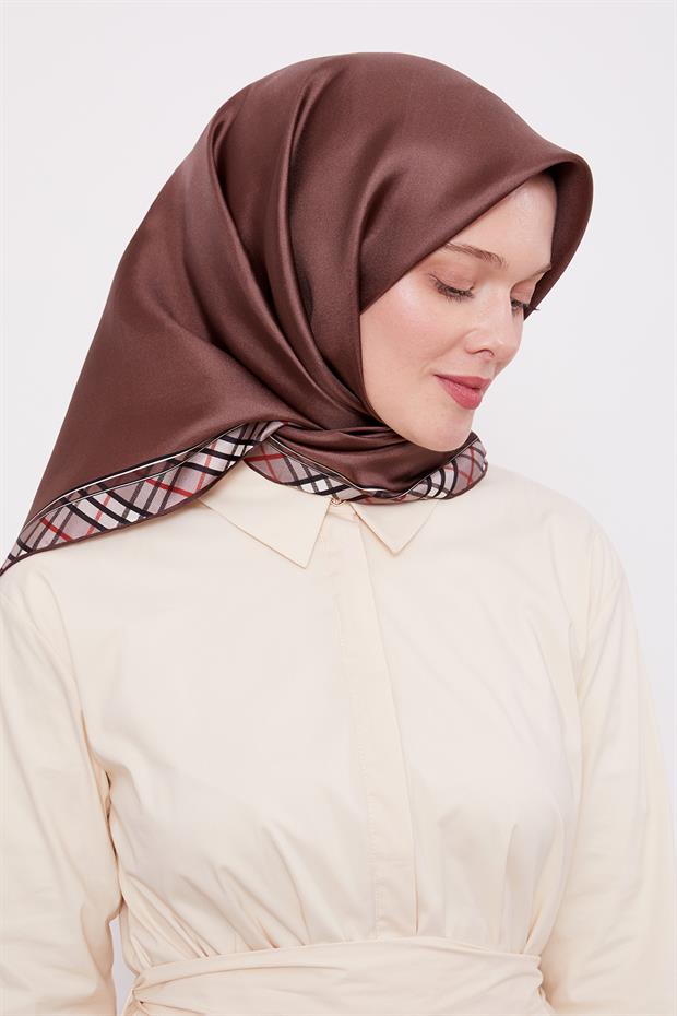 Kahve Ekose Kenar Twill İpek Eşarp