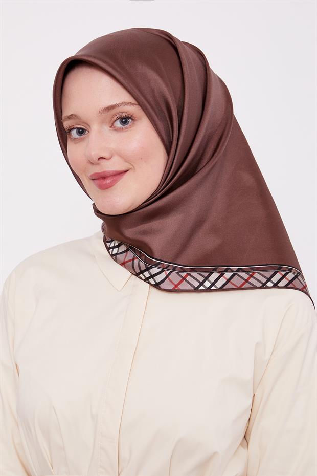 Kahve Ekose Kenar Twill İpek Eşarp
