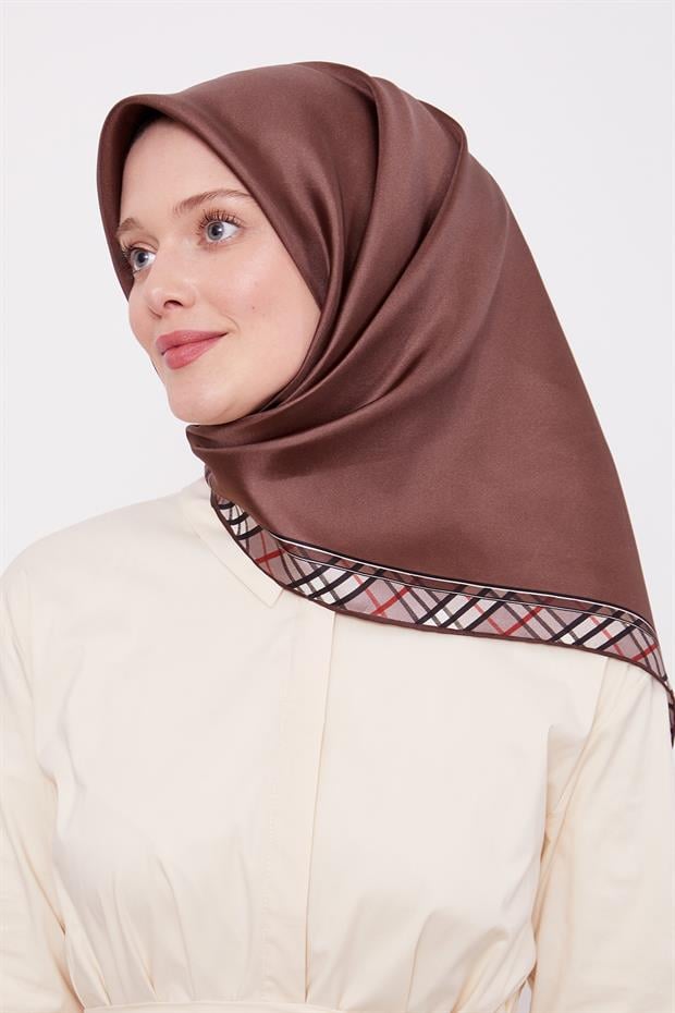 Kahve Ekose Kenar Twill İpek Eşarp