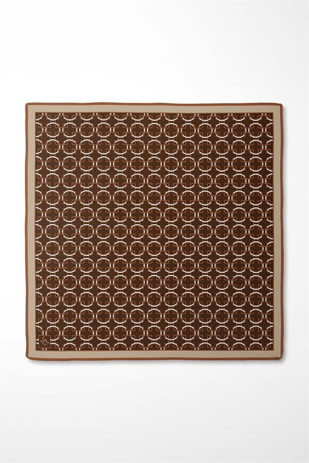 Kahve Eliptik Desen Twill İpek Eşarp