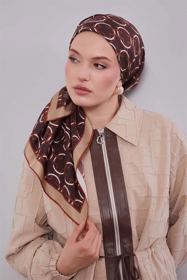 Kahve Eliptik Desen Twill İpek Eşarp