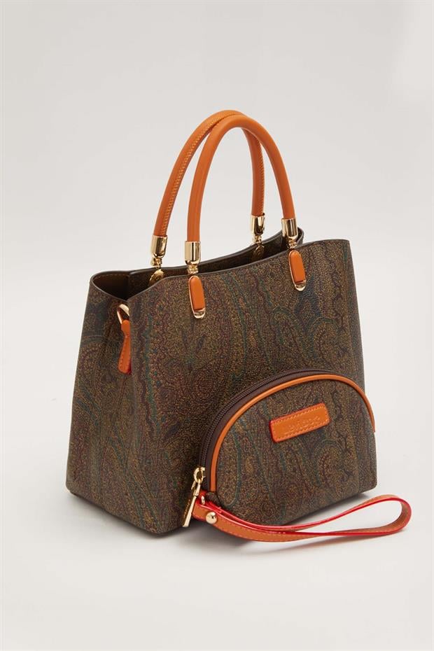 Kahve Etnik Desen Görünümlü El Çantası