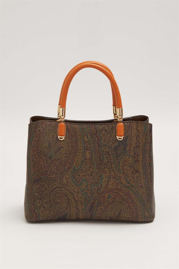 Kahve Etnik Desen Görünümlü El Çantası