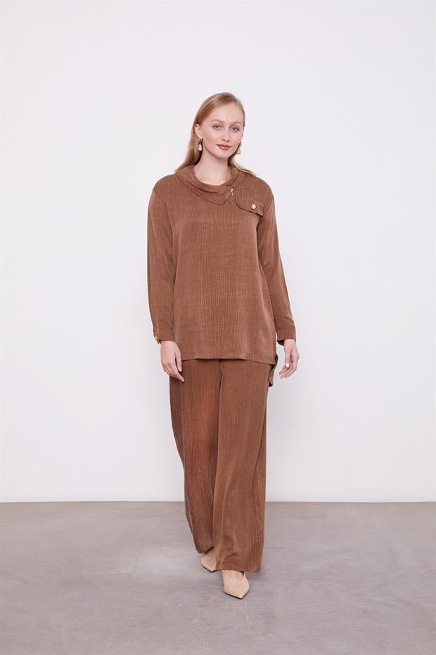 Kahve Fermuar Detaylı Tunik Takım