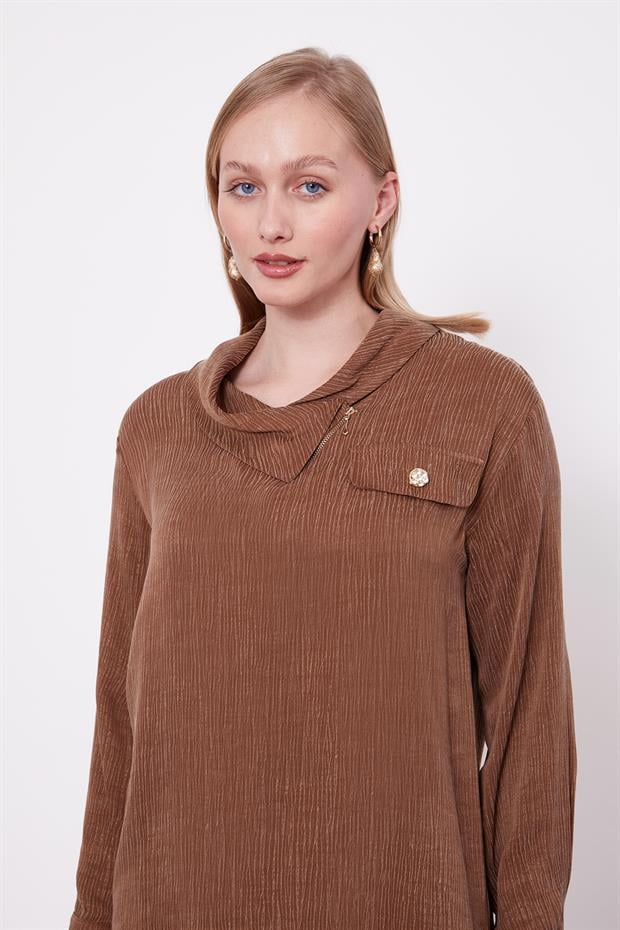 Kahve Fermuar Detaylı Tunik Takım