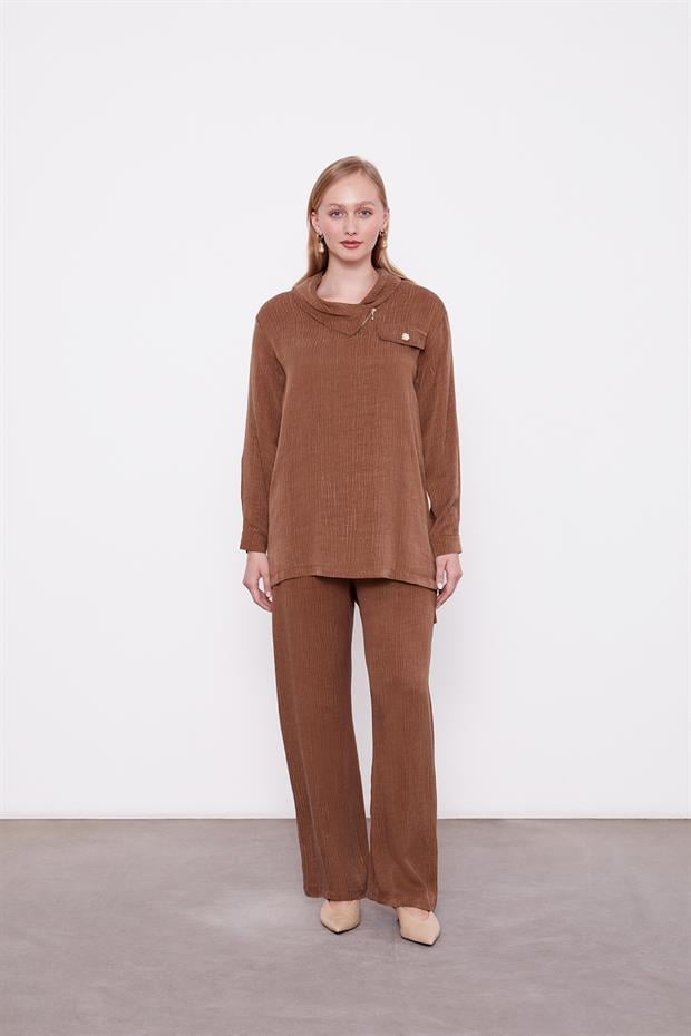 Kahve Fermuar Detaylı Tunik Takım