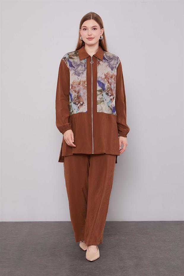 Kahve File Baskılı İkili Takım