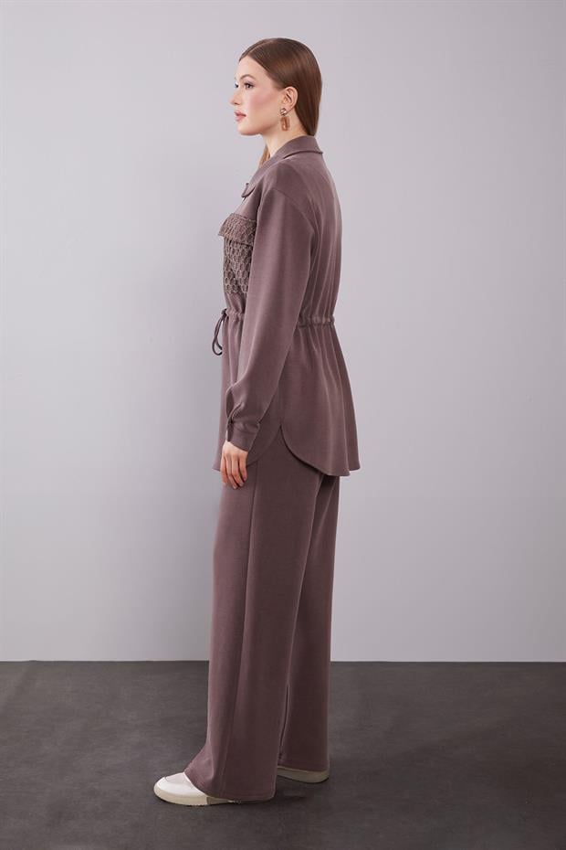 Kahve File Cep Detaylı İkili Takım