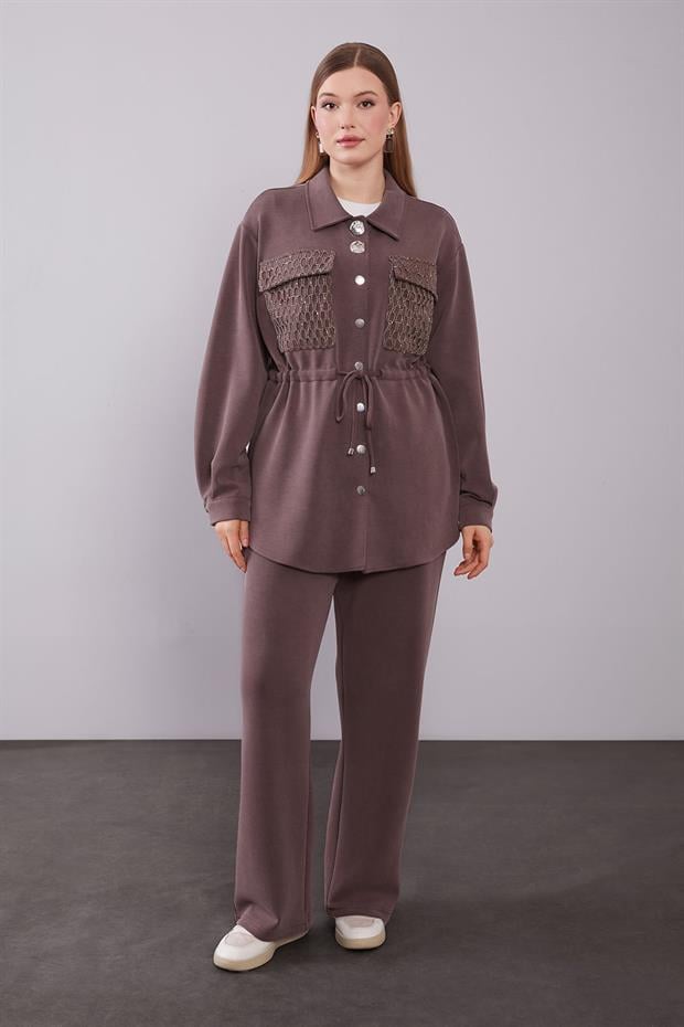 Kahve File Cep Detaylı İkili Takım