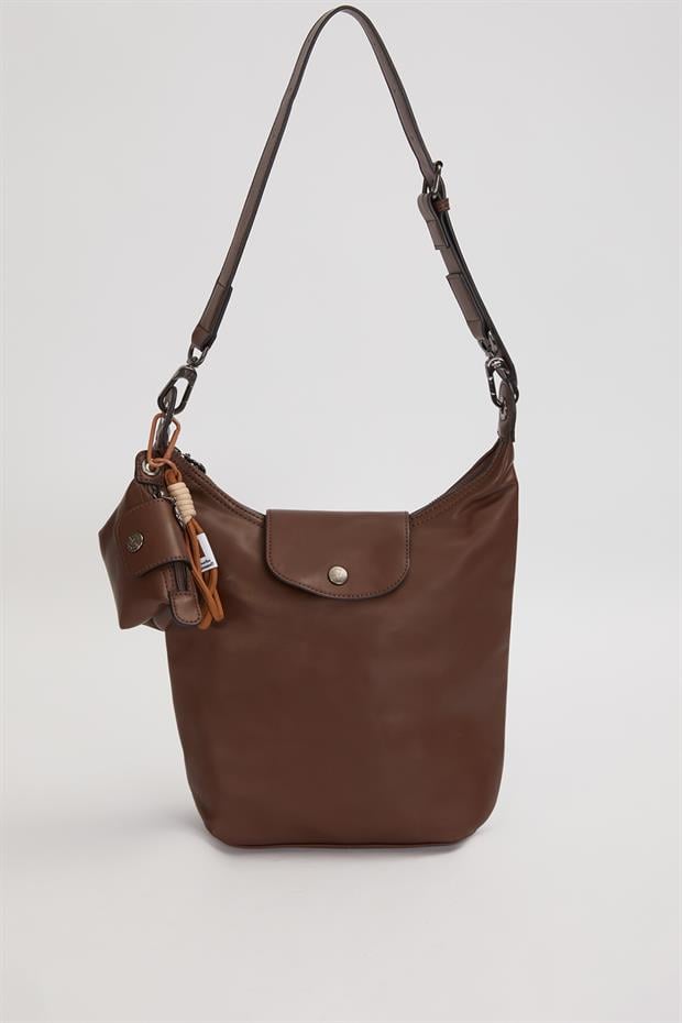 Kahve Geniş Fermuar Detaylı Omuz Çantası