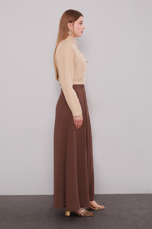 Kahve Geniş Paça Piliseli Pantolon Etek