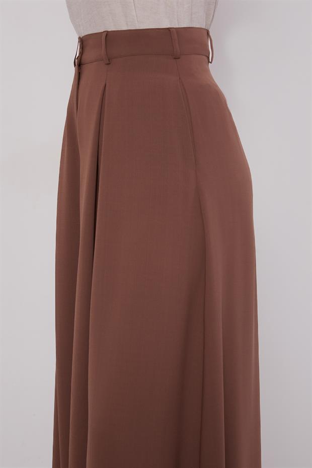 Kahve Geniş Paça Piliseli Pantolon Etek