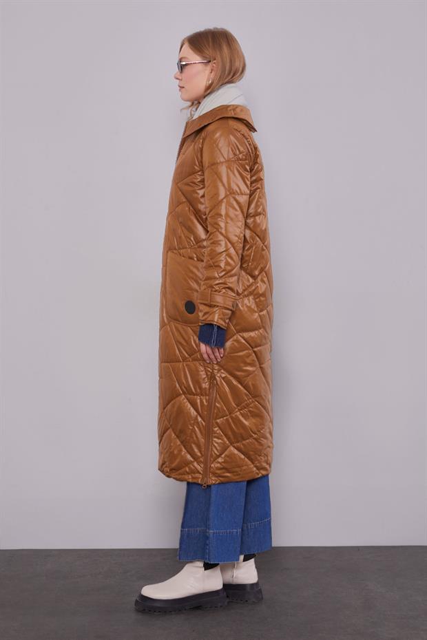 Kahve Geniş Yaka Kapitone Mont