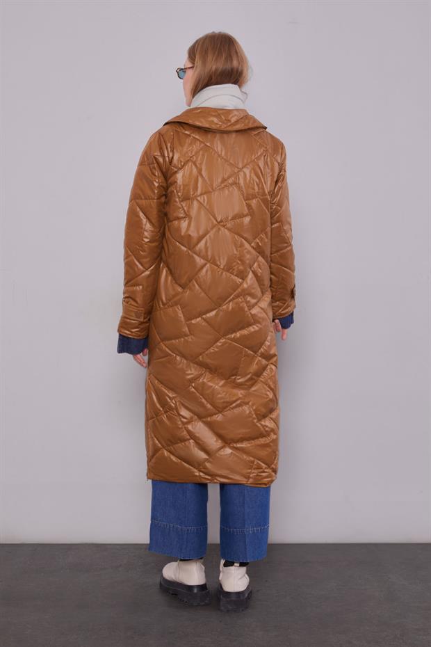 Kahve Geniş Yaka Kapitone Mont