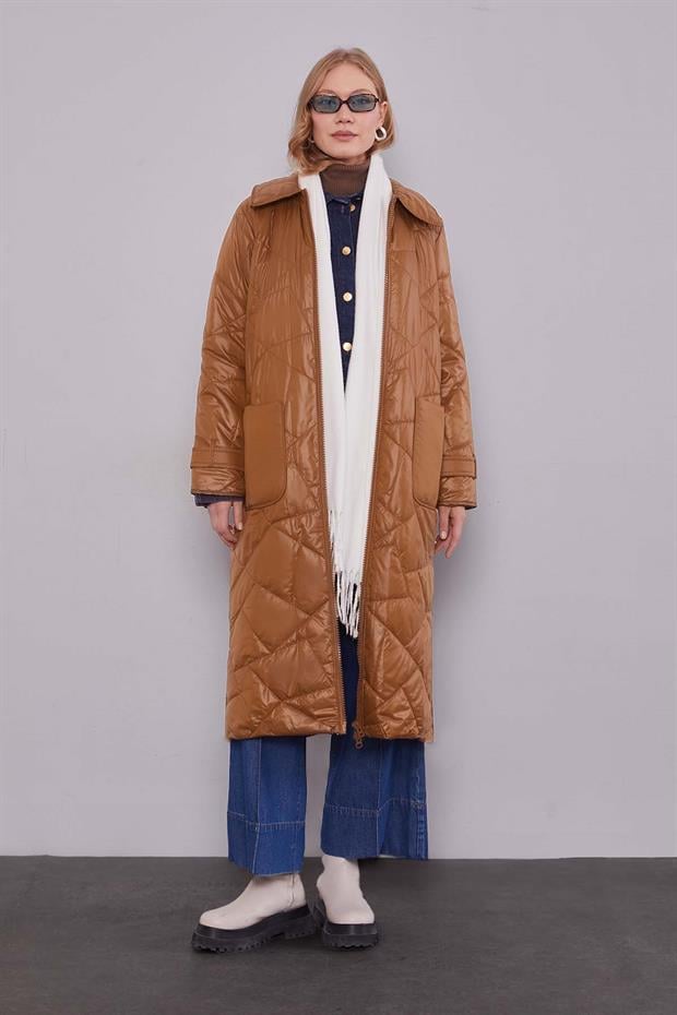 Kahve Geniş Yaka Kapitone Mont