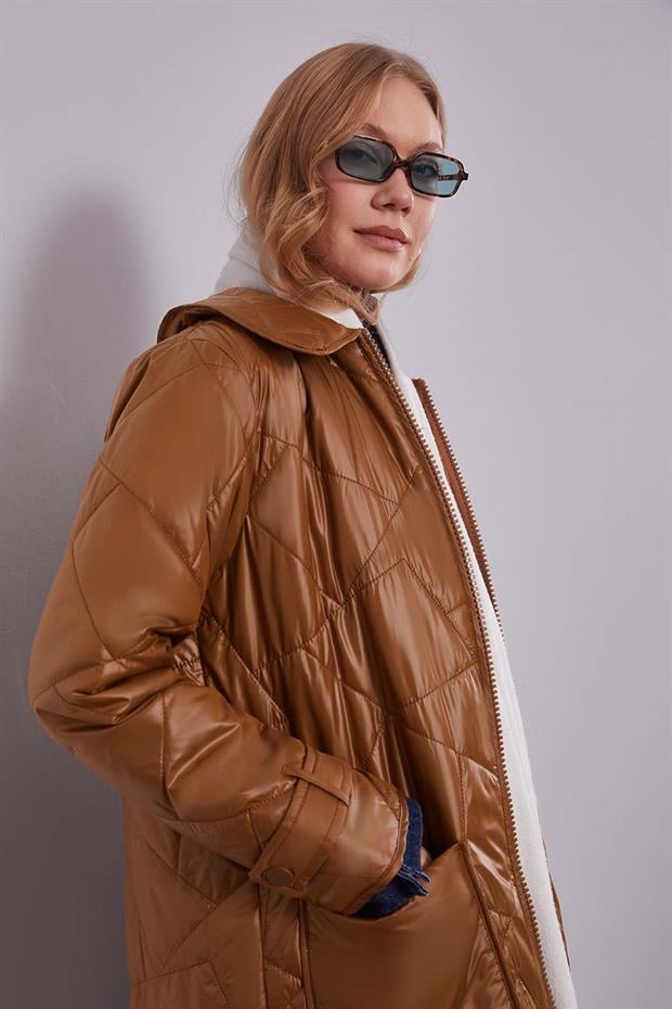 Kahve Geniş Yaka Kapitone Mont