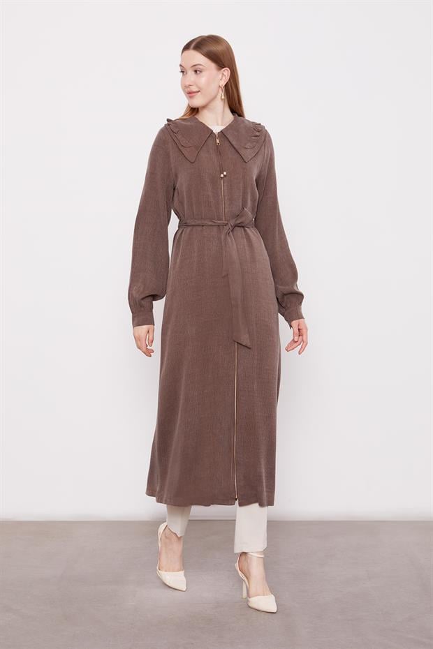 Kahve Geniş Yakalı Fermuarlı Cupra Kap