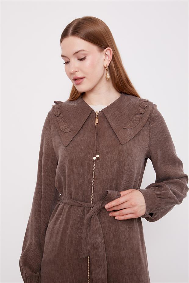 Kahve Geniş Yakalı Fermuarlı Cupra Kap