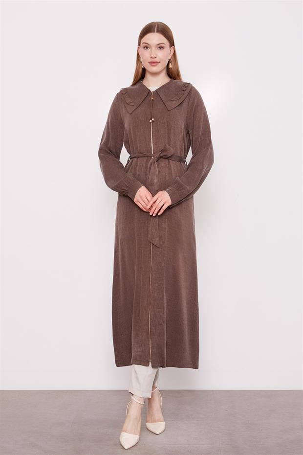 Kahve Geniş Yakalı Fermuarlı Cupra Kap