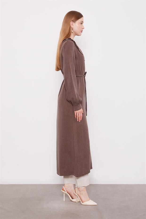 Kahve Geniş Yakalı Fermuarlı Cupra Kap