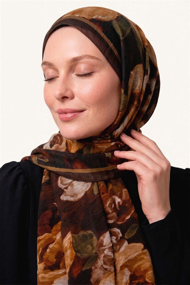 Kahve Gül Desenli Tencel Şal