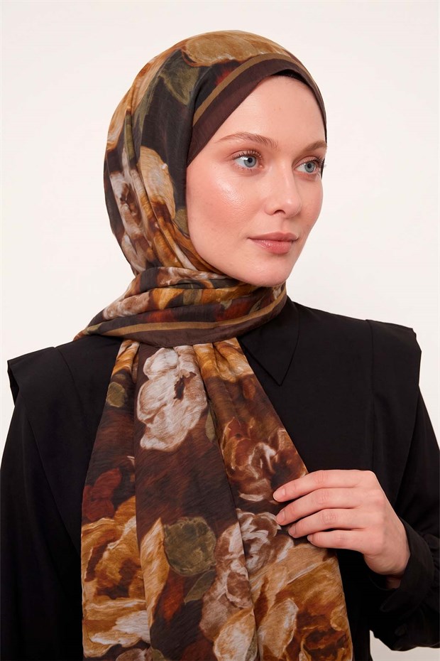 Kahve Gül Desenli Tencel Şal