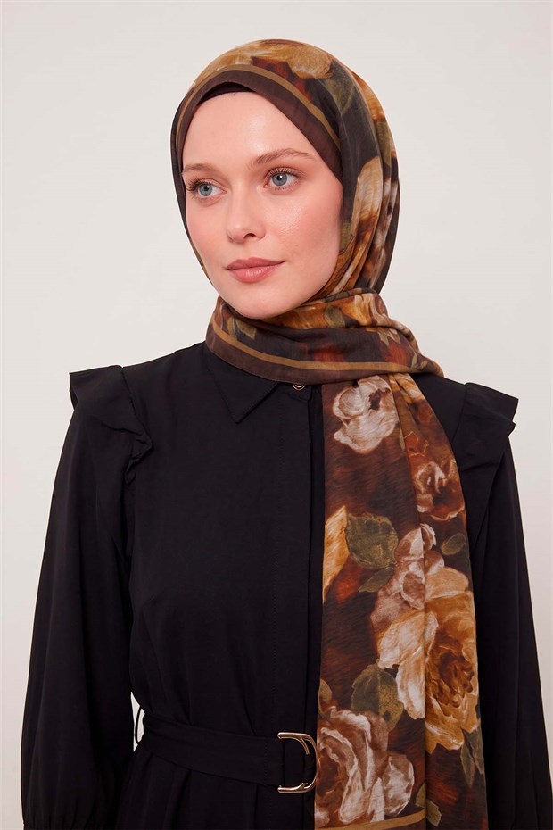 Kahve Gül Desenli Tencel Şal