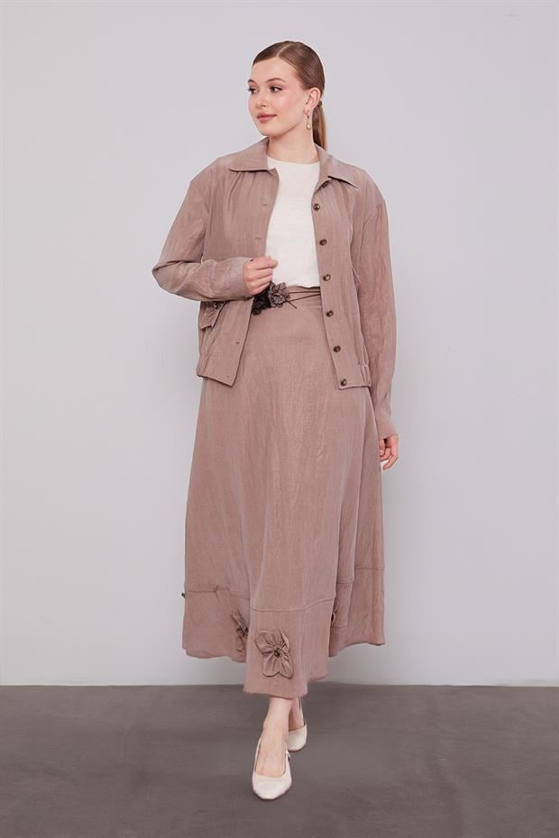 Kahve Gül Detaylı Cupra Etekli Takım