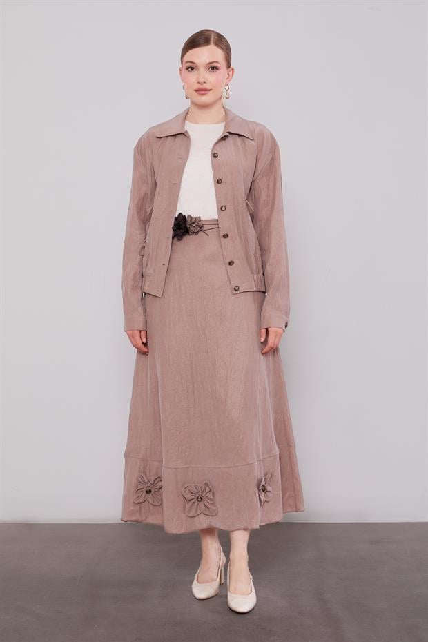 Kahve Gül Detaylı Cupra Etekli Takım