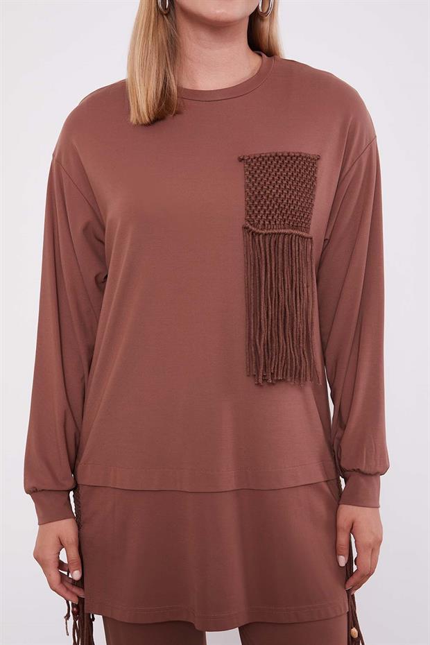 Kahve Hasır Püskül Detaylı İkili Takım