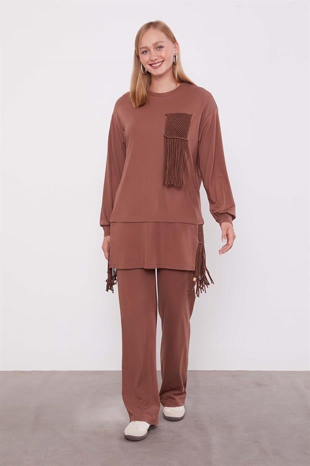 Kahve Hasır Püskül Detaylı İkili Takım