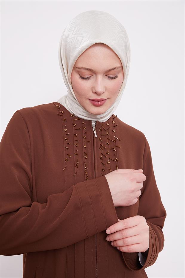 Kahve Yaka Şerit Detaylı Ferace