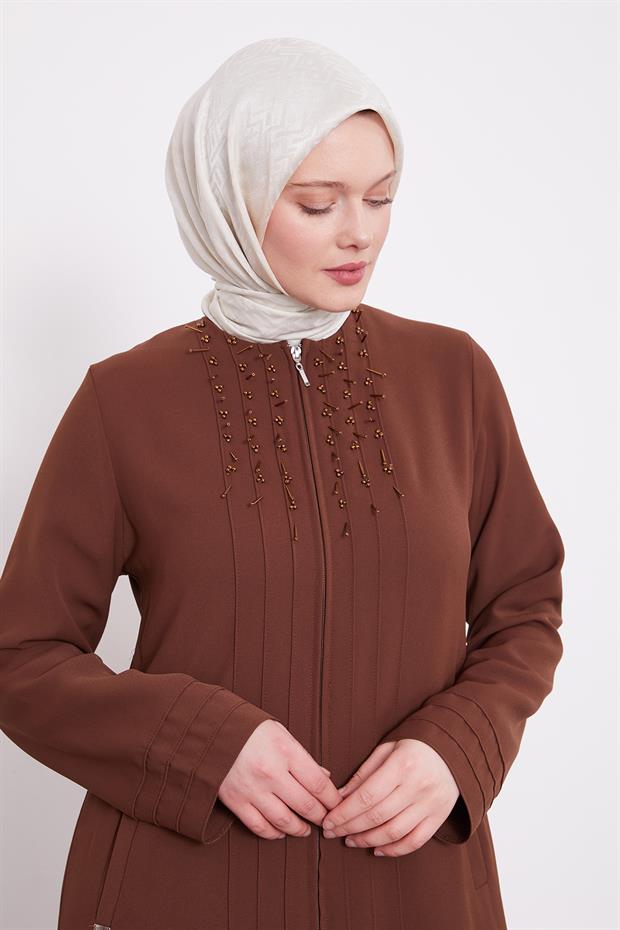 Kahve Yaka Şerit Detaylı Ferace