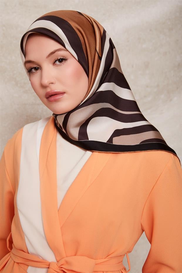 Kahve Kalın Çizgili Twill İpek Eşarp