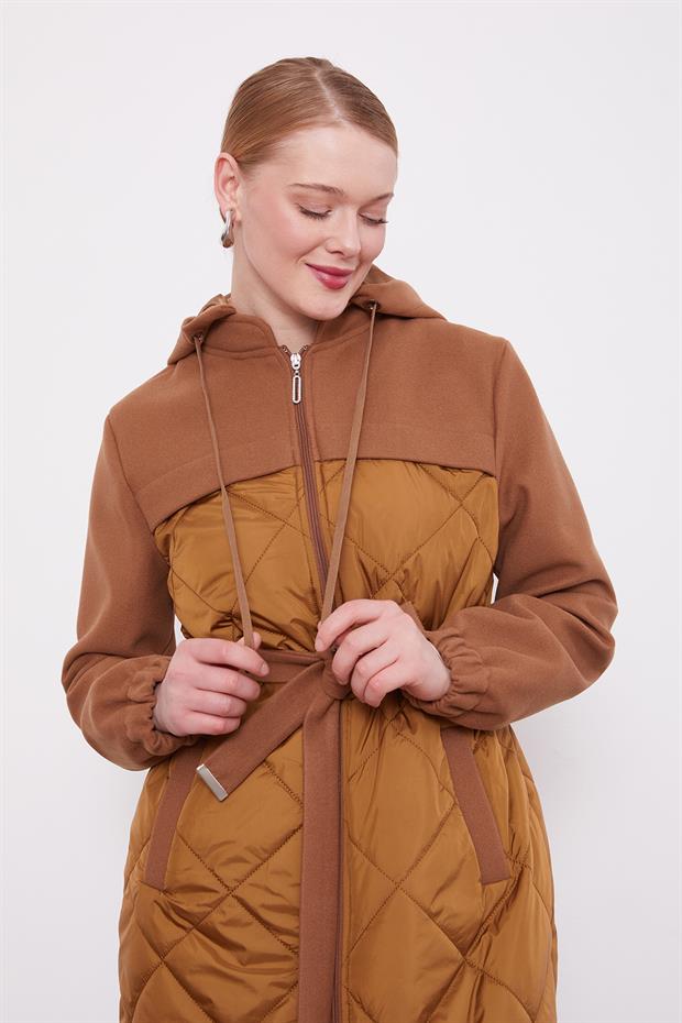 Kahve Kapitone Kaşeli Kuşak Detay Mont