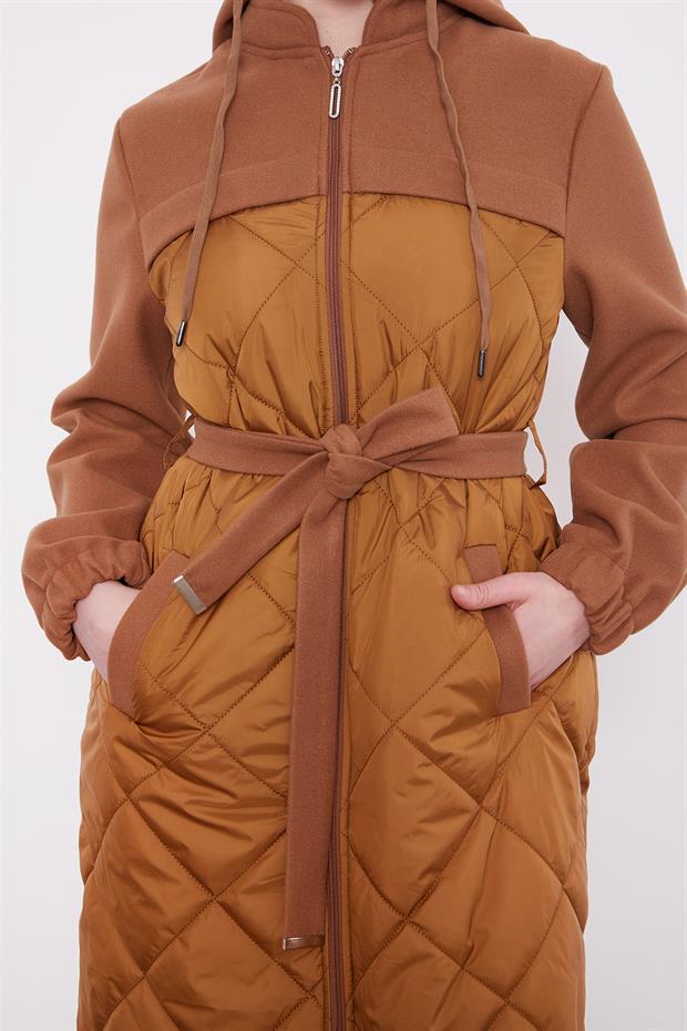 Kahve Kapitone Kaşeli Kuşak Detay Mont