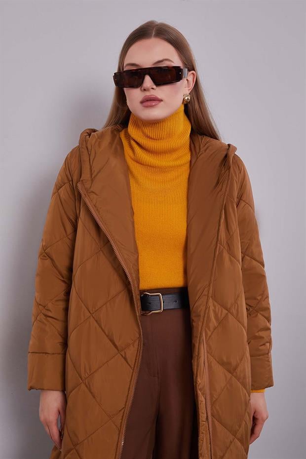 Kahve Kapitone Model Maxi Boy Mont