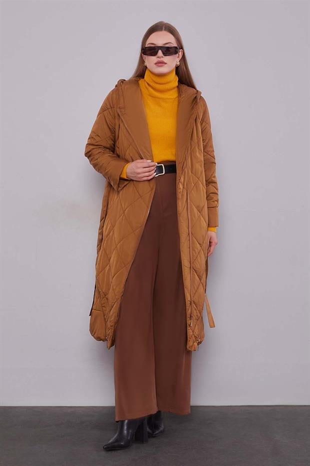 Kahve Kapitone Model Maxi Boy Mont