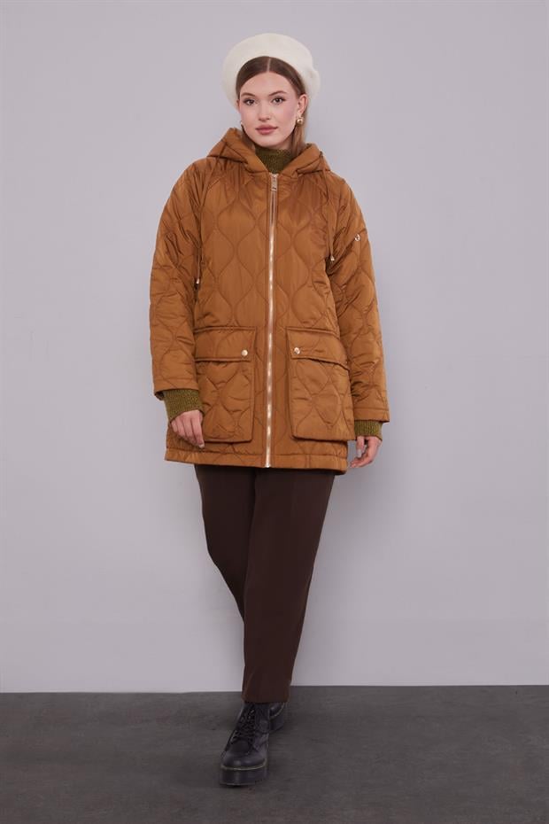 Kahve Kapüşonlu Kapitone Kısa Mont