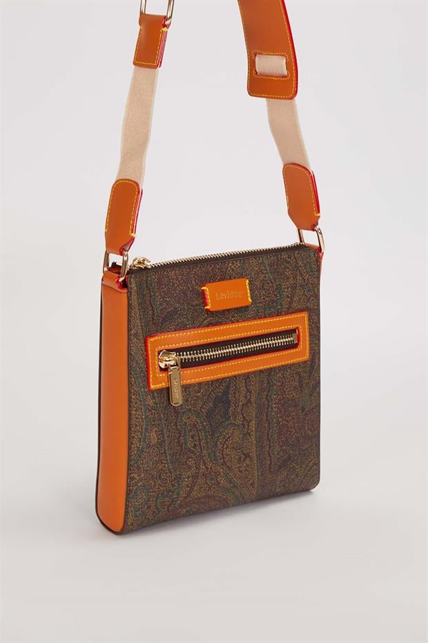 Kahve Kare Form Etnik Desen Omuz Çantası