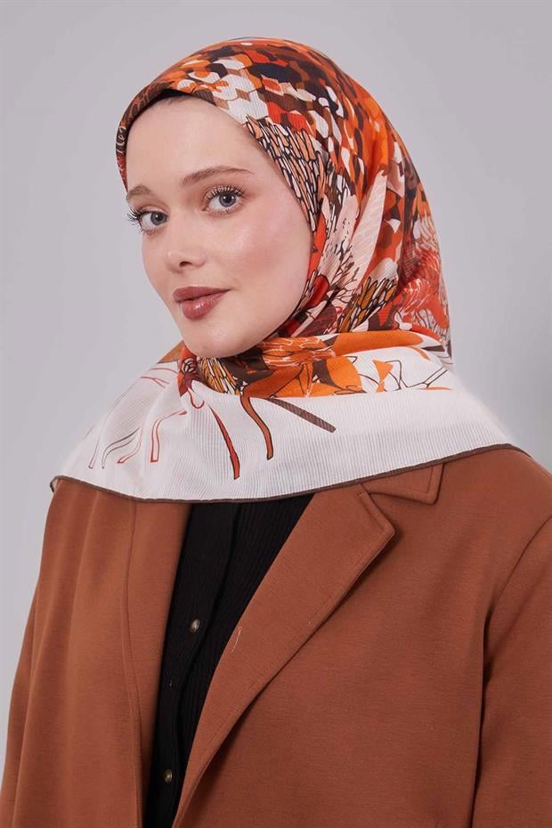 Kahve Karışık Çiçek Desen Pamuk Eşarp