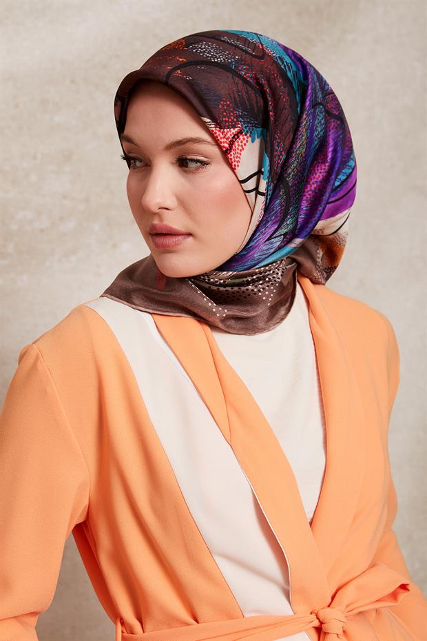 Kahve Karışık Benek Desen Twill İpek Eşarp