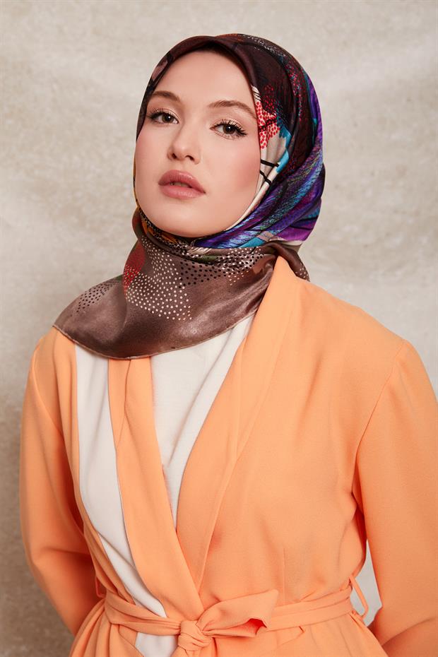 Kahve Karışık Benek Desen Twill İpek Eşarp