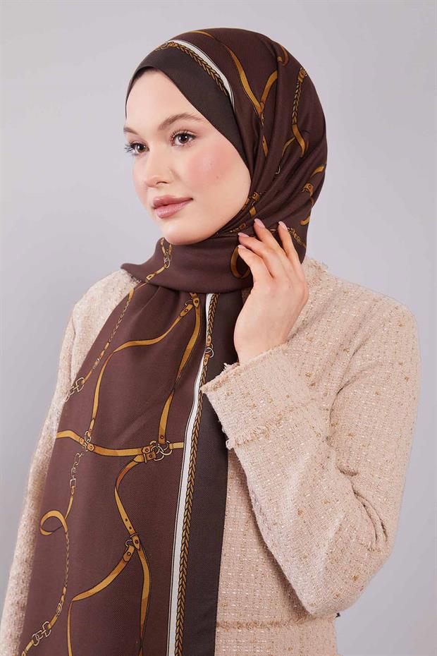 Kahve Kemer Desenli Yün İpek Şal