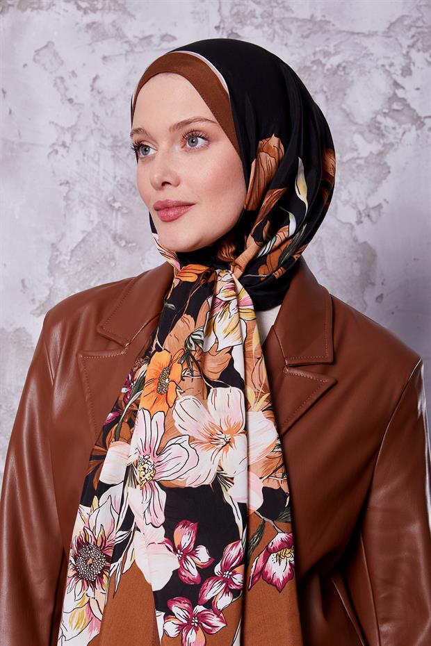 Kahve Kenar Çiçek Desen Royal Şal