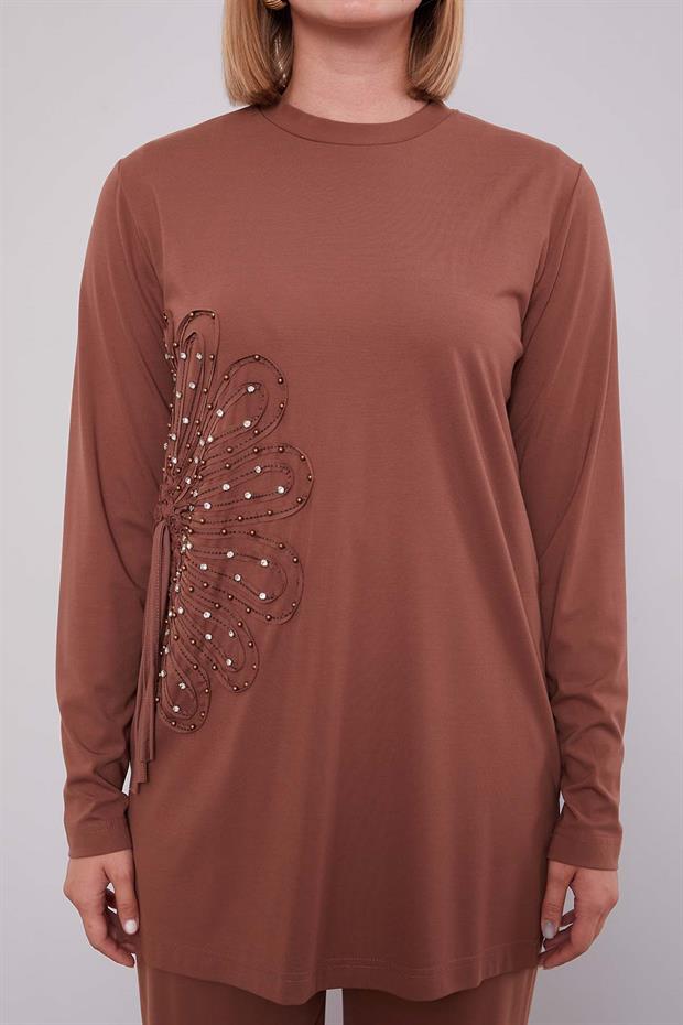 Kahve Kenar Desen Detaylı Taşlı İkili Takım