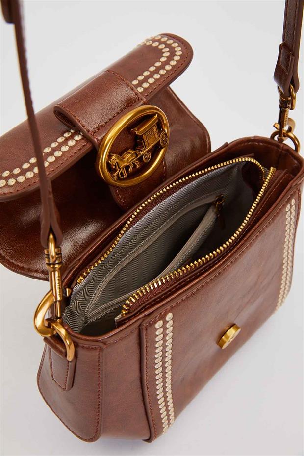 Kahve Kenar Desenli Dikişli El Çantası