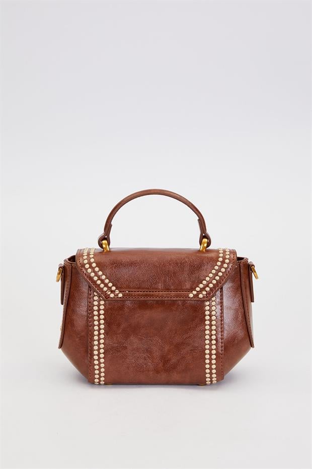 Kahve Kenar Desenli Dikişli El Çantası