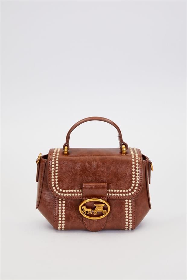 Kahve Kenar Desenli Dikişli El Çantası