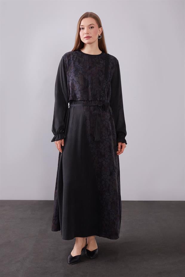 Kahve Kendinden Desenli Cupra Elbise